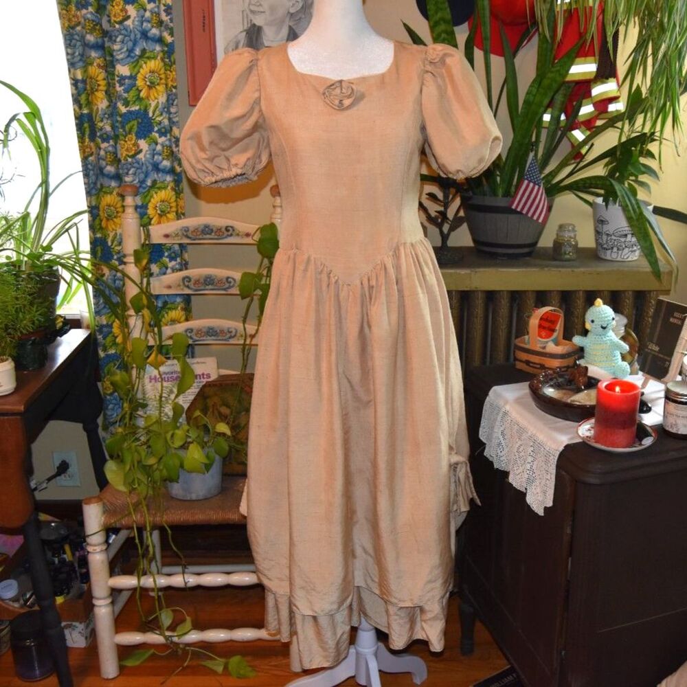 Vintage 1970s Prairie Dress Cottagecore Linen Blend Puff Sleeve Beige Size XS